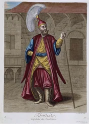 Czorbadżi, kapitan janczarów, „Zbiór 100 rycin przedstawiających różne narody Lewantu w latach 1707 i 1708”, na polecenie pana de Ferriola, ambasadora króla przy Porcie, zaktualizowany w latach 1712-13 staraniem pana Le Haya, Basan, rytownik