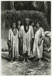 Główne typy Lacandon i Lacandon, Majowie żyjący w dżunglach Chiapas (Meksyk). Grawer P.Fritela, ilustrujący opowieść „Podróż na Jukatan i do krainy Lakandonów”, 1882, autorstwa Desire Charnay (1828-1915) archeologa i fotografa