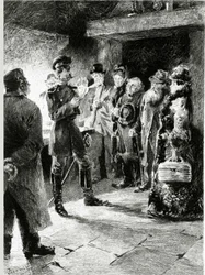 Niemiecki oficer prosi Boulle de Tallow w zamian za uwolnienie wszystkich pasażerów, którzy zostali zatrzymani przy staranności. W „Kula z łoju” Guy de Maupassant (1850-1893). Ilustracja PG Jeanniota (1848-1934). Opublikowano w Ollendorff i