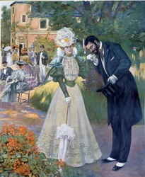 Belle Époque: „Pocałunek w dłoń”: mężczyzna wita kobietę na przyjęciu. Ilustracja Jeanniota do „Le Figaro illustré”. Początek XX wieku, Paryż, sztuki dekoracyjne