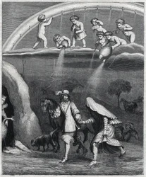 Enee i Didon zaskoczeni deszczem w lesie. Ilustracja „”Transwestyty Wergiliusza”” Paula Scarrona (1610-1660), parodia „L