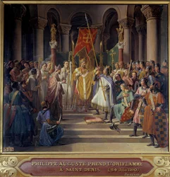 Trzecia Krucjata: „” Król Filip August (1165-1223) zabiera oriflame Saint-Denis i otrzymuje trzmiel i pannetiere pelerina z rąk swojego wuja Williama Archeveque z Reims i legata papieża Klemensa III, przed wyjazdem na t