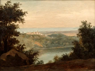 Jezioro Nemi, w tle miasto Genzano, koniec XVIII w. i początek XIX w.