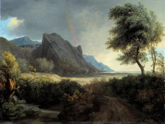 Górzysty krajobraz obmyty przez morze. Tęcza. - Pierre de Valenciennes (1750-1819) XIX w. Niedz. 0,4x0,53 m