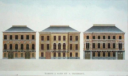 Domy w Gandawie i Grammont, Belgia, z "Choix des Monuments, Edifices et Maisons les plus remarquables du Royaume des Pays-Bas" Pierre