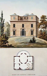 Country House w Oostakker, Belgia, z „Choice of the Most Outstanding Monuments, Buildings and Houses of the Kingdom of the Netherlands” Pierre Jacques Goetghebuer, opublikowany 1827 (akwatinta)