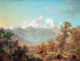 Le Mont-Blanc widziany z Sallanches o zachodzie słońca Obraz Pierre Louis of the shore (1753-1817) 1802 Musee d? sztuka i d? historia miasta Genewa Szwajcaria