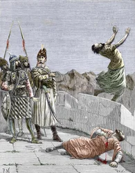 Wschodnia sekta ismailicka, czyli zabójcy, założona przez Hassana ibn al-Sabbaha (1036-1124), znanego jako Starzec z Gór, przedstawionego, gdy rozkazuje dwóm fanatycznym zwolennikom zabić się, Alamut, Persja, około 1096