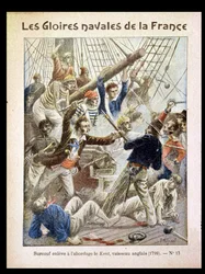 Robert Surcouf (1736-1827) z powodzeniem wszedł na pokład „Kent”, łodzi należącej do Kompanii Zachodnioindyjskiej, ilustracja z zeszytu, koniec XIX wieku