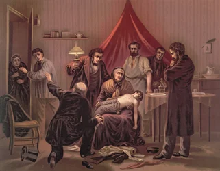 Pamiątka z 2 grudnia: „Dziecko dwa razy postrzelono w głowę”, ilustracja do wiersza „Souvenir de la nuit du 4 Decembre” z „Les Chatiments” Victora Hugo, Paryż, 1882 (kolor litho