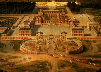 Widok na zamek, ogrody i park wersalski od strony Avenue de Paris, fragment zamku, 1668 olej na płótnie, fragment z 81242