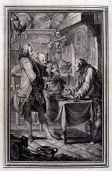 Makaron z węgorza. w „Opowieściach i opowiadaniach wierszem” Jean La Fontaine. 1776. Ilustracja P.P. Choffarda.