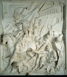 Aleksander Wielki (356 pne-323 pne) spotyka greckiego filozofa Diogene cynika (413 pne-327 pne) w swojej beczce”” Płaskorzeźbiony marmur Pierre Puget (1620-1694) 1693. Z Salle des cent Suisse (Luwr) ). Paryż, Luwr