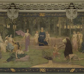 Święty gaj, malowidło ścienne w Wielkim Amfiteatrze przedstawiające alegoryczne postacie Sorbony, Wymowy, Poezji, Filozofii, Historii, Botaniki, Geologii, Fizyki i Geometrii, 1887-89 (detal)