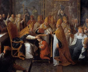 Koronacja Ludwika XV. Król Ludwik XV (1710-1774) został koronowany i namaszczony 25/10/1722 w katedrze w Reims przez arcybiskupa Reims, w obecności regenta, księcia Orleanu (1674-1723), oraz wielkiego tłumu. Fragment obrazu Pierre
