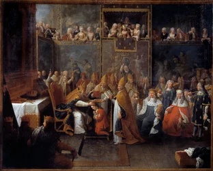 Koronacja Ludwika XV. Król Ludwik XV (1710-1774) został ukoronowany i namaszczony 25/10/1722 w katedrze w Reims przez arcybiskupa Reims, w obecności regenta, księcia Orleanu (1674-1723), oraz wielkiego tłumu