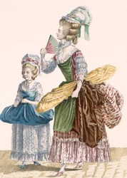 Krawcowa i jej pomocnik niosący narzędzia handlowe, ryt Dupina, tablica nr 25 z „Galeries des Modes et Costumes Francais”, ok. 1778-87 (kolorowa rycina) 99: ubiór; strój tradycyjny; strój tradycyjny; moda; ilustracja; c18th; moda