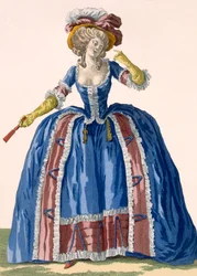Suknia w stylu angielskim w kolorze elektrycznego błękitu z bordową falbaną, wygrawerowana przez Bacquoy, tabliczka nr 182 z "Galeries des Modes et Costumes Francais", ok. 1778-87 99:odzież;