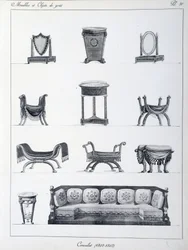 Meble z okresu konsulatu (1802-1803). Talerz zaczerpnięty z kolekcji „Collection de mobilier et objets de taste” autorstwa Pierre de la Mesangere (1761-1831). Paryż. Sztuka dekoracyjna