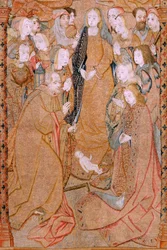 Flamandzki gobelin. Seria Triumfy Matki lub Paños de Oro. Narodziny Chrystusa (Nacimiento de Cristo). Trzeci gobelin w serii. Model Colin de Cooter (?). Wytwórnia Pieter van Aelst (lub van Edingen), Bruksela. Około 1500-1502. Tkanina Złoto, srebro, sil