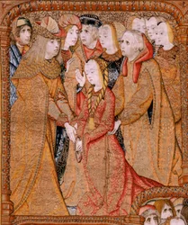 Flamandzki gobelin. Seria Triumfy Matki lub Paños de Oro. Boże ześlij Archanioła Gabriela (Dios envía al Arcángel Gabriel). Pierwszy gobelin z serii. Model Colin de Cooter (?). Wytwórnia Pieter van Aelst (lub van Edingen), Bruksela. Ca1500-1502. F
