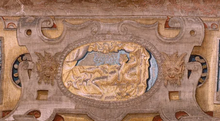 Flamandzki gobelin. Seria Vertumnus i Pomona.Vertumnus przekształciła się w rolnika. W środkowej części dolnej granicy widzimy odcinek o miłościach Jowisza: Danae. Drugi gobelin w serii. Model Koło Pietera Coecke van Aelsta. Produkcja Wil