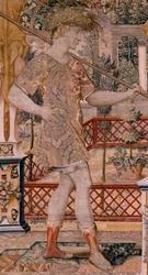 Flamandzki gobelin. Seria Vertumnus i Pomona.Vertumnus przekształciła się w rolnika. Drugi gobelin w serii. Lewa część transformacji Daphne. Model Koło Pietera Coecke van Aelsta. Manufaktura Wilhelm Pannemaker, Bruksela. Około 1545-1550. Fabry