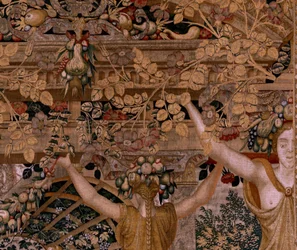 Flamandzki gobelin. Seria Vertumnus i Pomona.Vertumnus przekształciła się w rolnika. Drugi gobelin w serii. Właściwa część transformacji nimfy Myrrha. Model Koło Pietera Coecke van Aelsta. Manufaktura Wilhelm Pannemaker, Bruksela. ok. 1545-