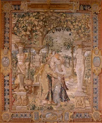 Flamandzki gobelin. Seria Vertumnus i Pomona. Vertumnus całuje Pomona. Siódmy gobelin w serii. Model Koło Pietera Coecke van Aelsta. Manufaktura Wilhelm Pannemaker, Bruksela. Około 1545-1550. Tkanina Złoto, srebro, jedwab i wełna. Rozmiar 430 x 365 cm.