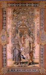 Flamandzki gobelin. Seria Vertumnus i Pomona. Vertumnus przemienił się w wojownika. Czwarty gobelin w serii. Model Koło Pietera Coecke van Aelsta. Manufaktura Wilhelm Pannemaker, Bruksela. Ca1545-1550. Tkanina Złoto, srebro, jedwab i wełna. Rozmiar 425
