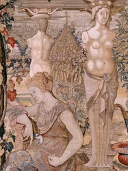 Flamandzki gobelin. Seria Vertumnus i Pomona. Vertumnus przemienił się w starą kobietę. Vertumnus przemienił się w starą kobietę. Szósty gobelin w serii. Model Koło Pietera Coecke van Aelsta. Manufaktura Wilhelm Pannemaker, Bruksela. Około 1545-1550.