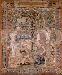 Flamandzki gobelin. Seria Vertumnus i Pomona. Vertumnus przemienił się w starą kobietę. Vertumnus przemienił się w starą kobietę. Szósty gobelin w serii. Model Koło Pietera Coecke van Aelsta. Manufaktura Wilhelm Pannemaker, Bruksela. Ca1545-1550. F