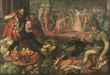 Scena spaceru i Chrystus z cudzołożnicą - Chrystus i kobieta przyłapana na cudzołóstwie, autor: Aertsen, Pieter dit Lange Pier