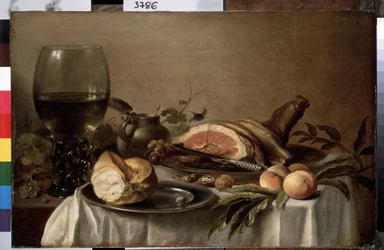 "Martwa natura śniadania z szynką, chlebem, brzoskwiniami i orzechami"" (Śniadanie z szynką) Obraz Pietera Claesza (ok. 1597-1660) 1647 Wymiary 40x61 cm Sankt petersburg, pustelnia