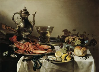 Stół z homarem, srebrnym dzbanem, dużym Berkemeyerem, miską na owoce, skrzypcami i książkami, 1641