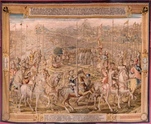 Flamandzki gobelin. Seria Podbój Tunisu; Przegląd wojsk w Barcelonie (La revista de las tropas en Barcelona). Drugi gobelin w serii. Model Jan Vermeyen i Pieter Coecke van Aelst. 1543-1548. Produkcja Real Fábrica de Tapices de Sant