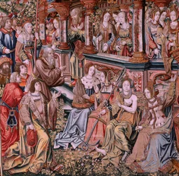 Flamandzki gobelin. Seria Honory. Cnota (La Virtu, El Vicio). Ósmy gobelin z serii. Wzorcowi rysownicy z kręgu Bernarda van Orleya i Jana Gossaerta (Mabuse). Manufaktura Pieter van Aelst, Bruksela. ok. 1550. Tkanina Złoto, srebro, jedwab a
