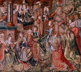 Flamandzki gobelin. Seria Honory. Cnota (La Virtu, El Vicio). Ósmy gobelin z serii. Wzorcowi rysownicy z kręgu Bernarda van Orleya i Jana Gossaerta (Mabuse). Manufaktura Pieter van Aelst, Bruksela. ok. 1550. Tkanina Złoto, srebro, jedwab a