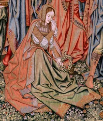 Flamandzki gobelin. Seria Męka Chrystusa. Zejście z krzyża (Descendimiento). Druga seria gobelinów Męki Pańskiej należąca do Patrimonio Nacional. Wzorcowi rysownicy z kręgu Jana van Roome. Produkcja Pieter va