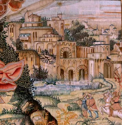Flamandzki gobelin. Seria Męka Chrystusa. Zejście z krzyża (Descendimiento). Druga seria gobelinów Męki Pańskiej należąca do Patrimonio Nacional. Wzorcowi rysownicy z kręgu Jana van Roome. Produkcja Pieter va