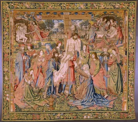 Flamandzki gobelin. Seria Męka Chrystusa: Zejście z krzyża (Kruisafneming, Descendimiento de la cruz). Produkcja Pieter van Aelst. Rysownik Jan van Roome. ok. 1507-1520.