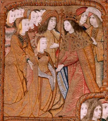 Flamandzki gobelin. Seria Triumfy Matki lub Paños de Oro. Zwiastowanie (La Anunciación). Drugi gobelin w serii. Model Colin de Cooter (?). Wytwórnia Pieter van Aelst (lub van Edingen), Bruksela. Około 1500-1502. Tkanina Złoto, srebro, jedwab i wo