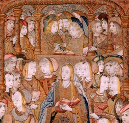 Flamandzki gobelin. Seria Triumfy Matki lub Paños de Oro. Zwiastowanie (La Anunciación). Drugi gobelin w serii. Model Colin de Cooter (?). Wytwórnia Pieter van Aelst (lub van Edingen), Bruksela. Około 1500-1502. Tkanina Złoto, srebro, jedwab i wo