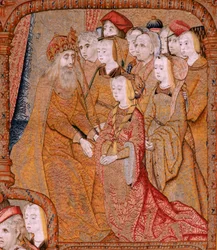 Flamandzki gobelin. Seria Triumfy Matki lub Paños de Oro. Zwiastowanie (La Anunciación). Drugi gobelin w serii. Model Colin de Cooter (?). Wytwórnia Pieter van Aelst (lub van Edingen), Bruksela. Około 1500-1502. Tkanina Złoto, srebro, jedwab i wo