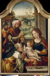 Adoracja Trzech Króli. Obraz Pietera Coecke van Aelsta Starszego (1502-1555), olej na drewnie, pierwsza połowa XVI wieku. prymitywna sztuka flamandzka. Państwowa Galeria Sztuki, Lwów (Ukraina).