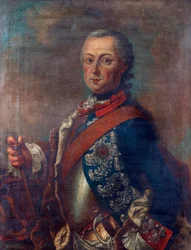 Fryderyk II pruski, znany jako Fryderyk Wielki - Portret Fryderyka II pruskiego (1712-1786) autorstwa Pietera Frederika De la Croix (1709-1782), - Olej na płótnie, 51x39 - Kolekcja prywatna