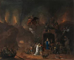 „Orfeusz i Eurydyka w piekle” (Orfeusz i Eurydyka w piekle) Obraz Pietera Frisa (1627-1706) 1652 Dim 61x77 cm Museo del Prado, Madryt