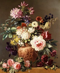 Martwa natura z letnich kwiatów. Róże, piwonie, anemony, irysy. Malarstwo Georgius Jacobus Johannes Os (1782-1861) Prywatna kolekcja.