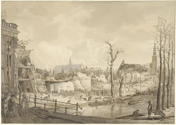 Ruiny po północnej stronie Steenschuur po katastrofie prochu w Leiden, 12 stycznia 1807