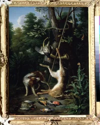„Pies myśliwski i ptaki łowne” (Pies i ptaki łowne) Obraz Petera Gyselsa (1621-1691) XVII wiek. Muzeum Puszkina, Moskwa